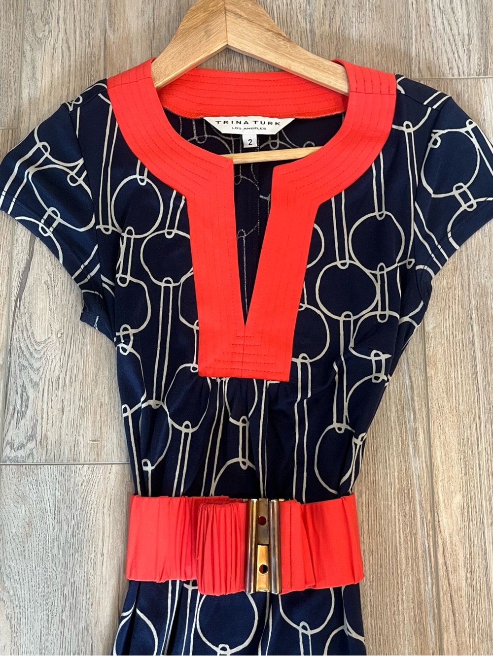 Trina Turk Navy and Coral Belted Dress